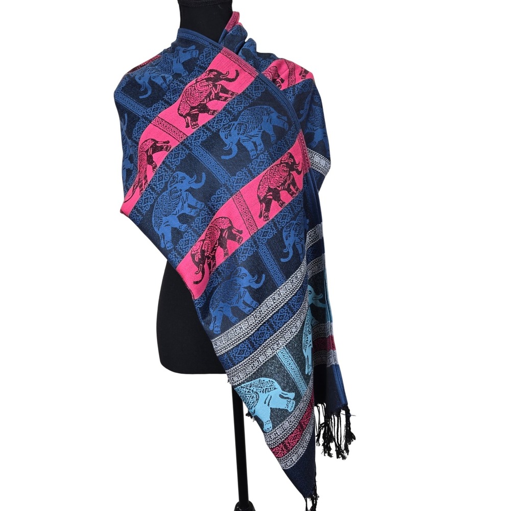 Pashmina Scarf Wrap‎ Shawl Fringed Bohemian Festival Colorful Elephants Animal